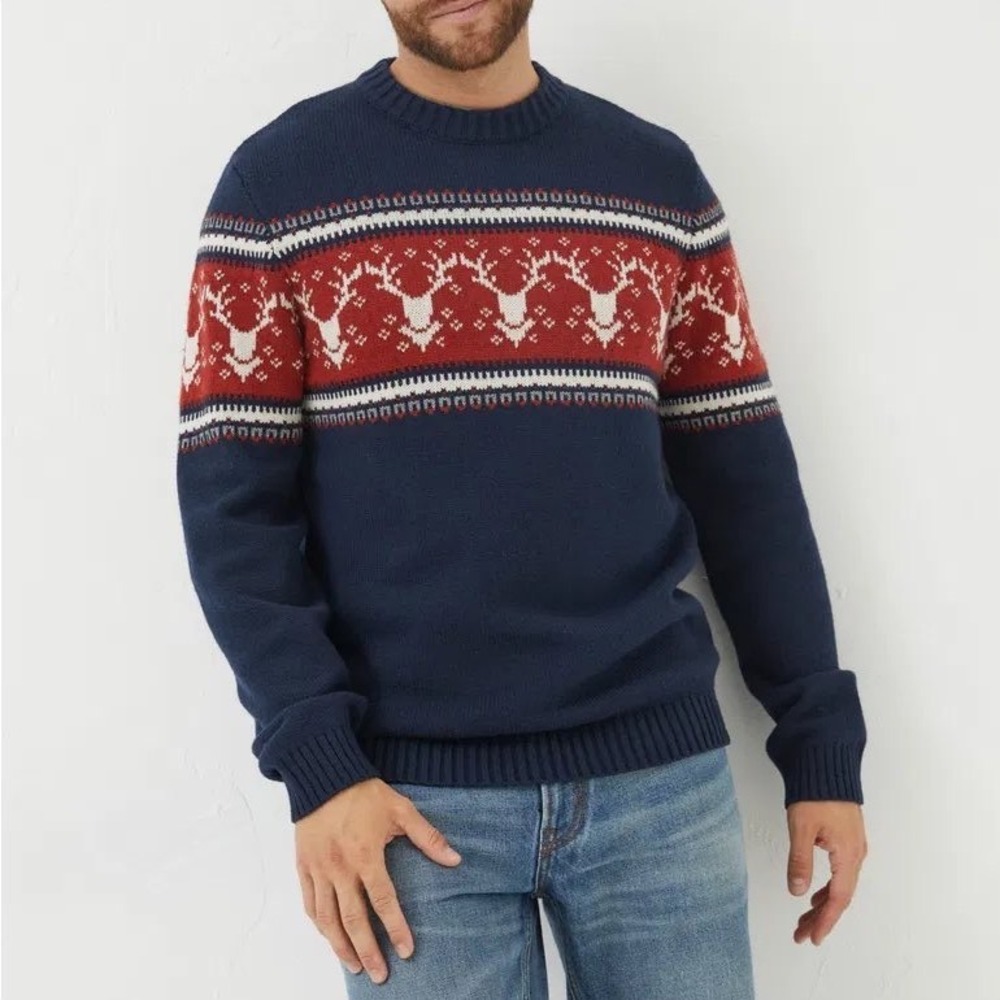 FatFace Mens Reindeer Fair Isle Crew Neck Jumper Navy Blue Wool Blend Sweater